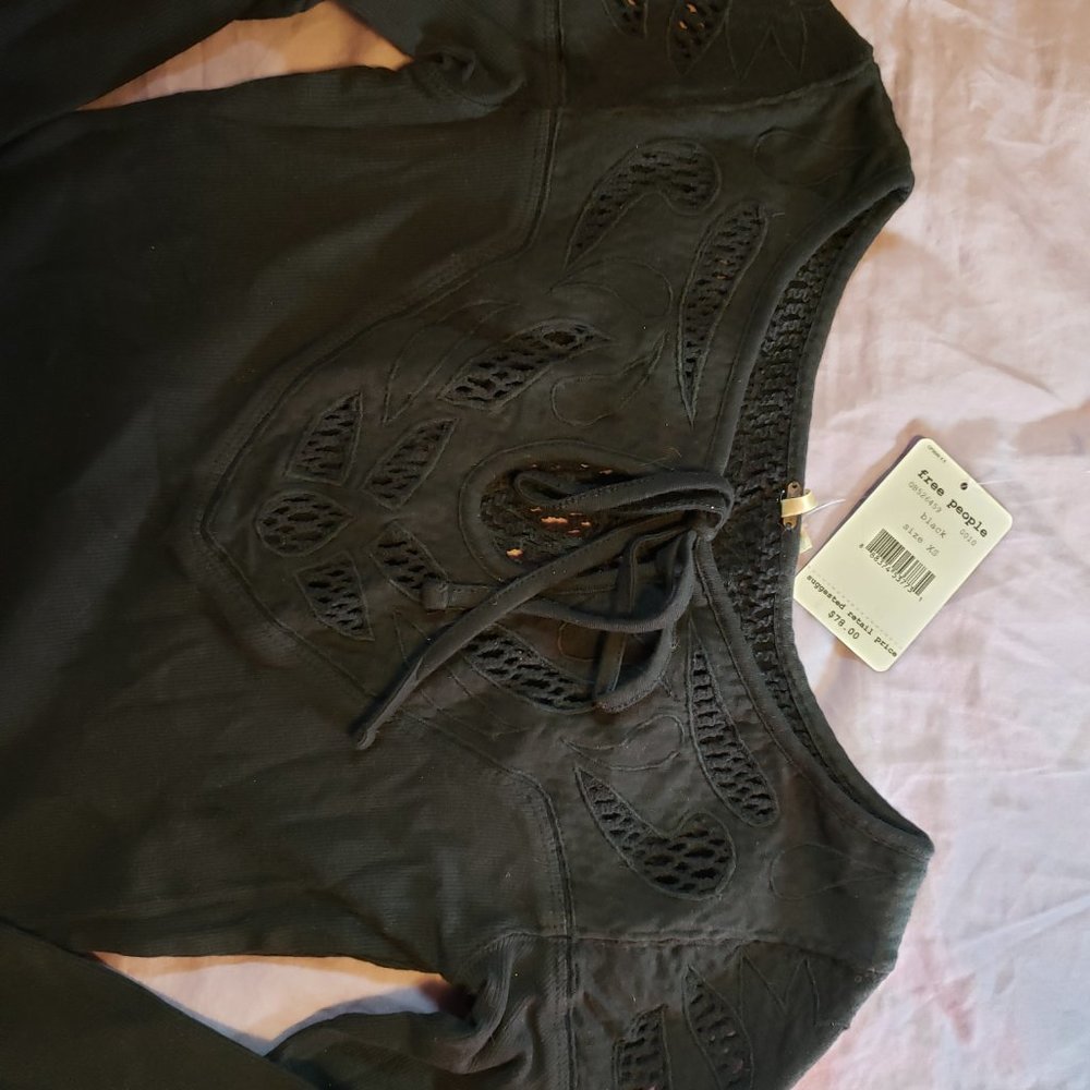 NWT Free People With Love Crochet Tee Thermal Tie Neck Bodycon Black Top - Picture 2 of 5